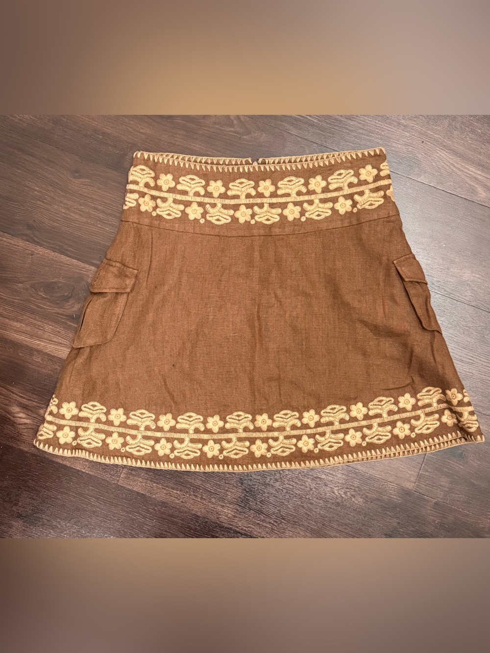 VTG House of Deréon Sage Green Linen Embroidered Cargo Mini Skirt • Sz 6